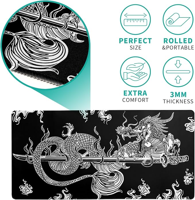 Dragon Gaming Mouse Pad Black Large Mouse Pad for Keyboard and Mousepad Desk Mat with 3mm Non-Slip Base and Stitched Edge for Gaming and Office Computer Mat Protector Mat 27.6x11.8 Inch