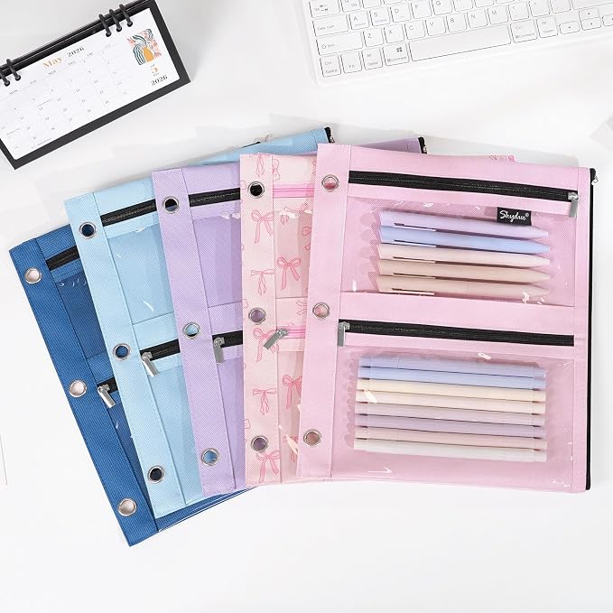 SKYDUE Pencil Pouch for 3 Ring Binder, 3 Compartment Zipper Pencil Case, Large Capacity Pen Organizer with Clear PVC Window for School Supplies, Students, Kids & Teachers