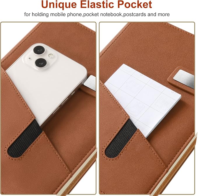A5 Lined Leather Journal with Pen, 240 Pages Refillable Hardcover Notebook with Pocket and Magnetic Buckle, 80gsm Thick Daily Diary for Men and Women, Great Gift for Business School Travel Personal -