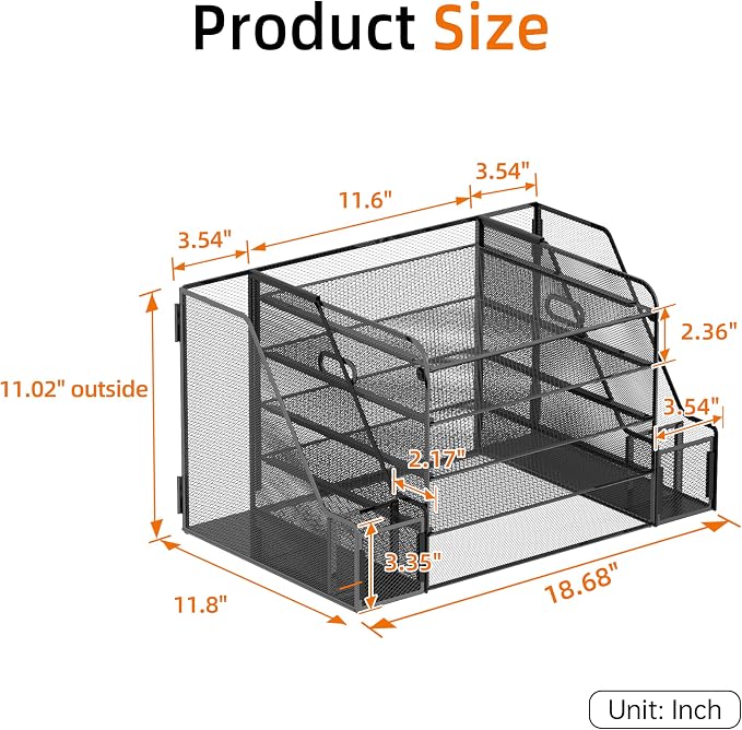 5-Tier Desk Organizer with Paper Trays, File Holders and Pen Holders, Black | Paper Organizer for Desk with 4 Sliding Paper Trays, Side File Holders and Pen Holders for Files, Books and Supplies