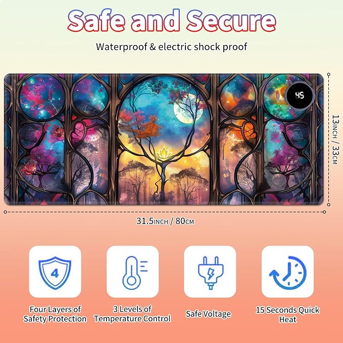Heated Desk Pad Large Mouse Pad 31.5 x 13 inch with 3 Levels Heating & Auto Shut-Off Warm Mouse pad PU Leather Computer Mousepad for Home Office Work - Galaxy Tree Moon
