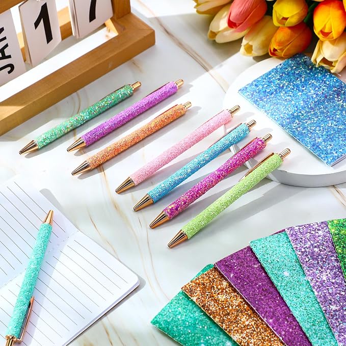 Sayglossy 16 Pack Glitter Pens and Notepads Set 8 Mini Glitter Pocket Notebooks 8 Fancy Sparkly Ballpoint Pens Stationery Gifts for Women Teacher Journaling School Office Supplies (Classic Color)