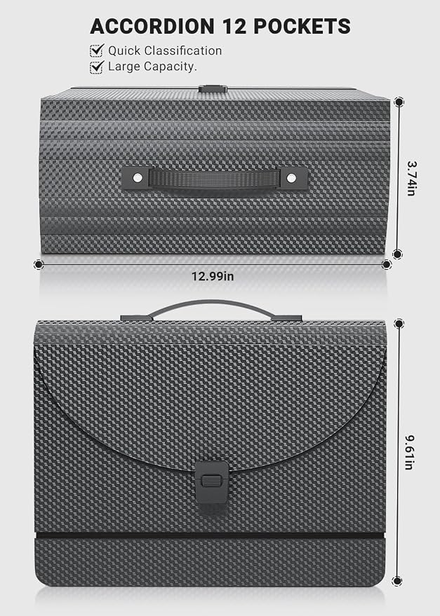 Expanding File Folder/Accordion File Organizer/Portable File Box with 13 Pockets,Fun Storage Filing Folders with Handle,Perfect for Standing and Carrying,A4/Letter Size,Colored Tabs,Black Diamond