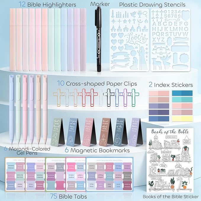 53 Pcs Bible Study Supplies, Bible Study Kit Journaling Supplies with 12 Bible Highlighters No Bleed and Tabs, 6 Pens, 6 Bookmarks, Books of the Bible Sticker and More, Christian Gifts for Women
