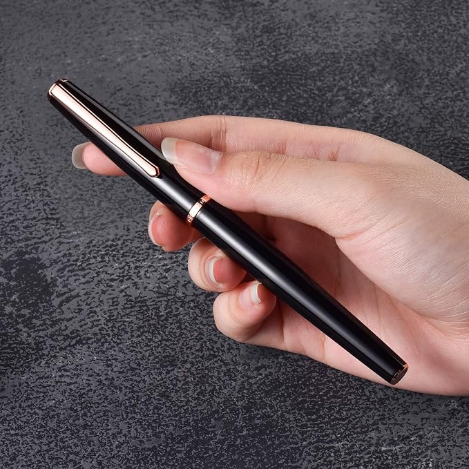 Hongdian 920 Black Metal Fountain Pen, Rose Gold Plated Medium Nib Smooth Writing Pen, Classic Pen with Ink Converter