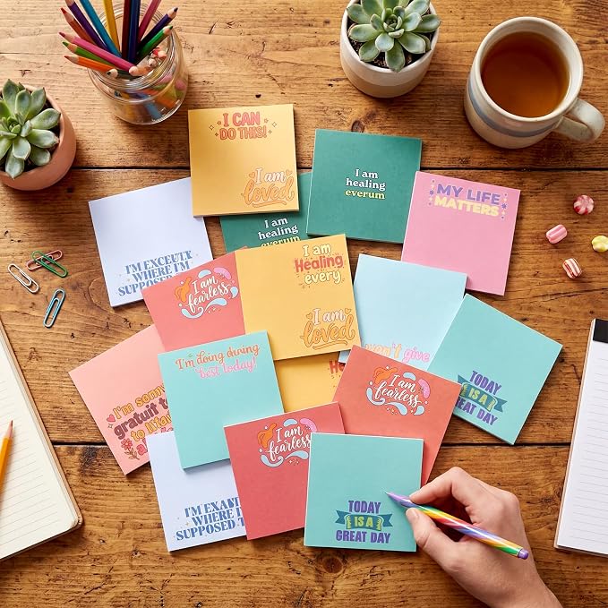 Yinder 24 Pcs Inspirational Sticky Notes, Back to School Supplies, Cute Motivational Sticky Notes Pad Employee Appreciation Gifts Bulk for Teacher Coworker Office 3 x 3'' (Affirmation,Watercolor)
