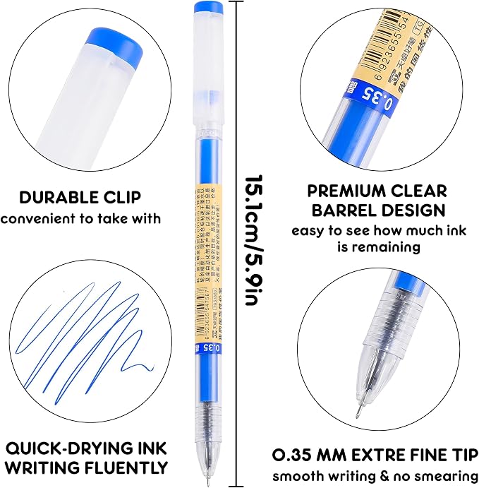 Japanese Style Blue Gel Ink Pens, 0.35mm Extra Fine Point, No Smudge Quick Drying, Japanese Ink Pen for Journal Planners, Thin Notebook Paper, Office School Supplies, 12 Pack, Writing Drawing