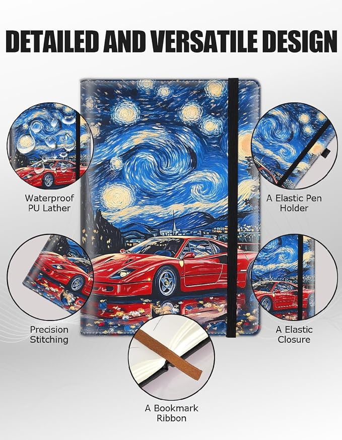 Hardcover Executive Notebooks, A5 PU Leather Lined Journal Notebook, 200 Pages Thick Paper Subject Notebooks for School,Work,Home Writing Business Notebook, Diary Book ，Starry Night Sports Car