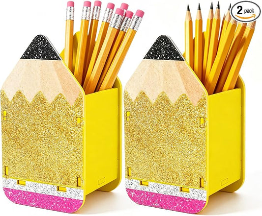 JarThenaAMCS 2 Pcs Back to School Glitter Pencil Shaped Pencil Holder Wooden Dispenser Pen Storage Container Box for Classroom Teacher Appreciation Student Desk Organization Supplies
