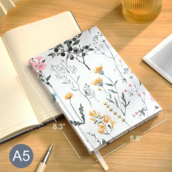 Floral Journal for women, Floret Hardcover Notebook, A5, 6x8, Medium Ruled Notebook, Lay-flat, Linen Journal, Notebooks for School, Writing Journal, Reading Journal, Garden Journal, White