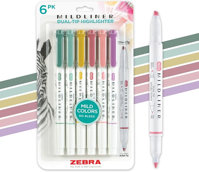 Zebra Pen Mildliner Dual-Tip Highlighter Marker Set, Broad and Fine Point Tips, No Bleed, Ideal for Bible Highlighting, Journaling, School and Office Supplies, Assorted Mild Colors, 6-Pack (78906)