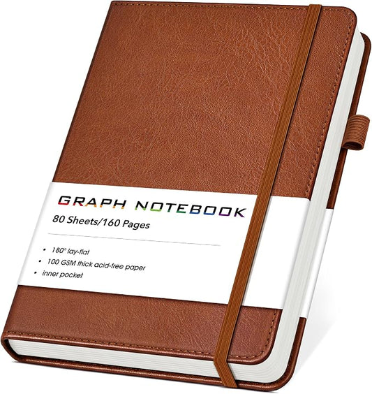 A5 Leather Hardcover Graph Paper Notebook, 160 Pages (5 Squares/Inch), 180° Lay-Flat Binding, 100 GSM Thick Paper, for Math, Engineering, Students & Technical Work (Brown)