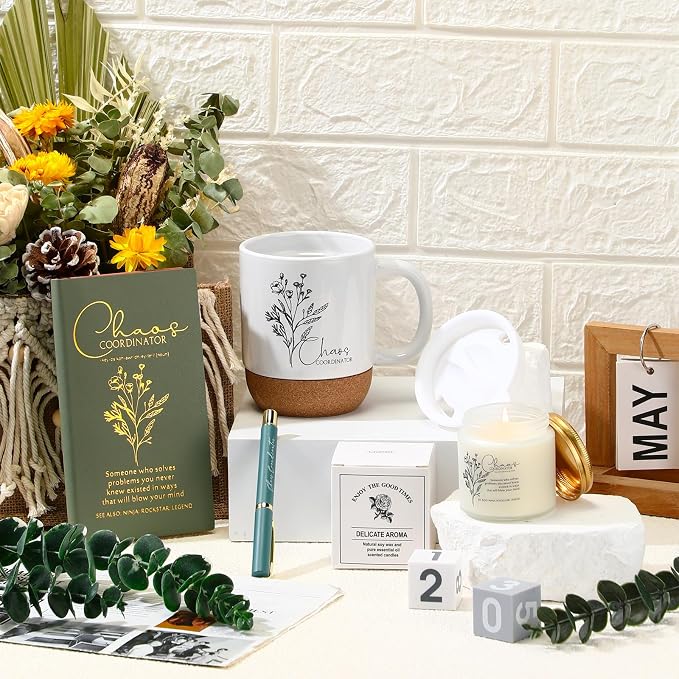 Sayglossy 4 Pcs Green Chaos Coordinator Gift Set Back to School Gift for Teachers Women Men Notebook Coffee Mug Scented Candle Ballpoint Pen for Teacher Assistant Principal Class School Staff Coworker