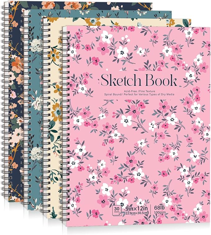4 Pack Sketch Book, 9 x 12Inch Sketchbook, 68lb/100gsm Spiral Bound Sketch Pad, Acid Free Art Supplies Drawing Painting Sketching Paper for Woman Artists (30 Sheets Each)