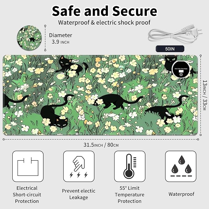 Warm Desk Pad,Heated Desk Pad,Office Mat,3 Heating Levels & 3 Hours Auto Shut-Off,31.5"*13" Gaming Mouse Laptop Keyboard Leather Desk Mat,Cat Floral Green