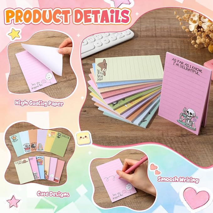 12 Pack Funny Notepads, 5x3 Inches Sarcastic Note Pads Memo Fun Office Gifts for Coworkers Work Women Men Employee Teacher Boss Desk Accessories Gifts(Funny,Candy Color)