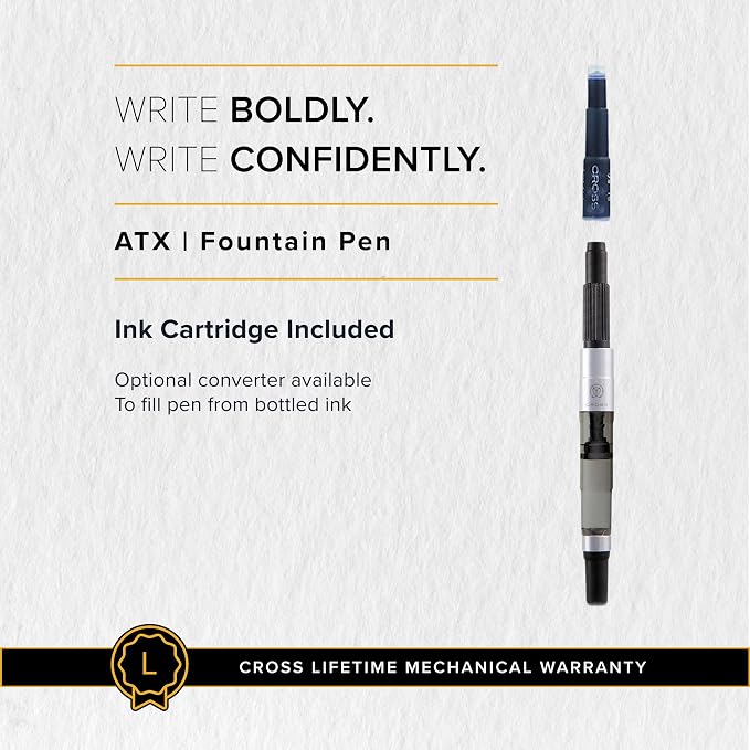 Cross ATX Basalt Black Stainless Steel Fine Nib Fountain Pen - Refillable Pen for Smooth Writing - Black Ink - Comfortable Grip - Long-Lasting - Professional Office Supplies