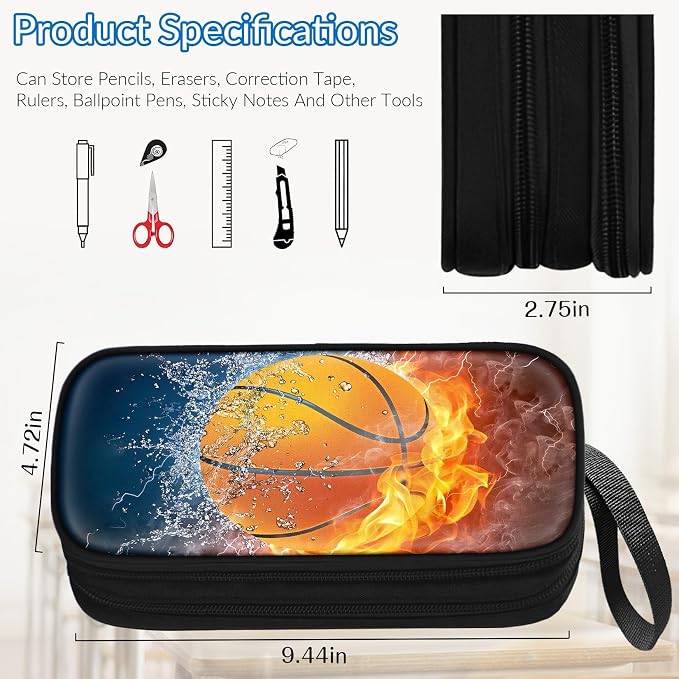 TILYTADLY Large Pencil Case for Boys - Basketball Boys Pencil Pouch with Zipper Compartments - Big Capacity Pen Box Pen Bag Organizer with Keychain for Kids Teens School
