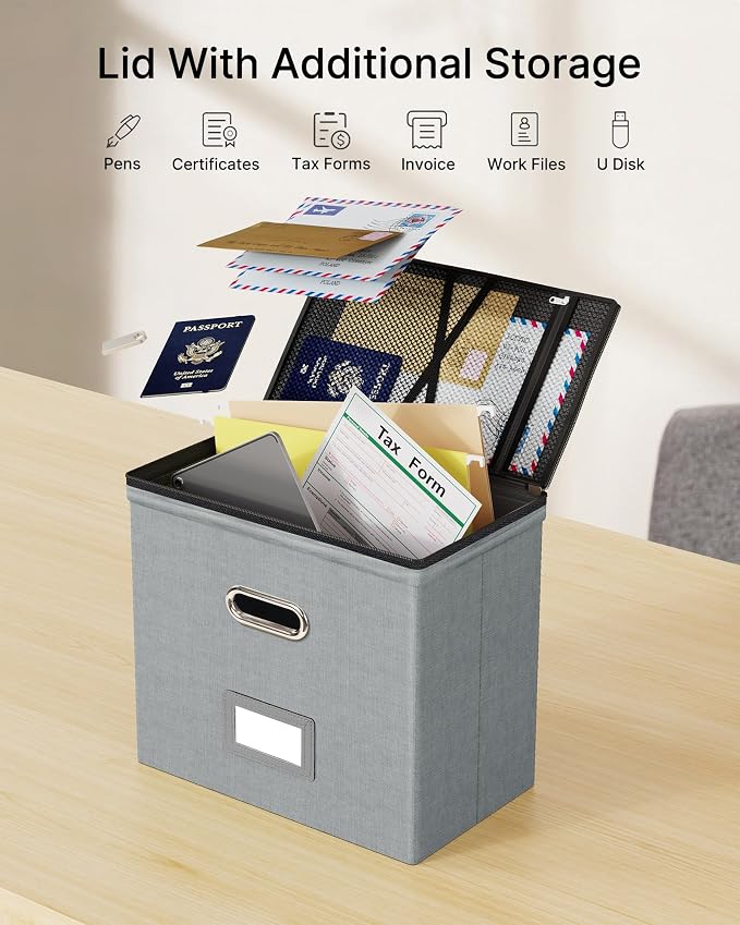 Oterri File Box Small 2-Pack Mesh Pockets Hanging Organizer for Letter-Size | Dustproof Lid. 3 Mesh Pockets. Collapsible Scratch-Resistant GRS Linen. Slide Rails. Office, Home, Dorm