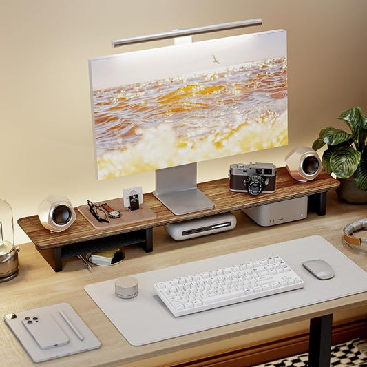 PEGZONE Dual Monitor Riser with Integrated Metal Shelf, Large Walnut Wooden Desk Shelf for 2 Monitors/TV, Monitor Stand Riser for Desk, Wood Monitor Stand Organizer for Home Office，Wide 46"