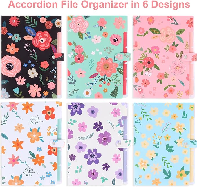 EOOUT 6pcs Expanding File Folders with 5 Pockets, Floral Accordion Folders for Documents, A4 Letter Size Plastic File Organizer with Snap Button for School and Office Supplies