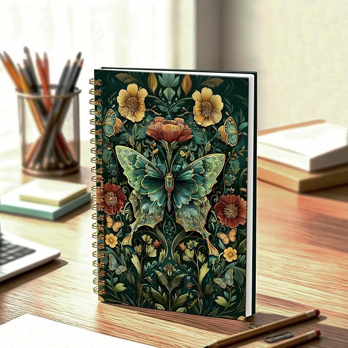 Dark Green Butterfly Journal Notebook 5.5x8.3, William Morris Inspired Insect Journal, Butterfly Gifts for Women, Art Nouveau Floral Botanical Notebooks for Work
