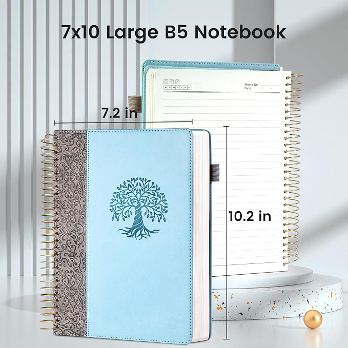Spiral Notebook Wide Ruled Leather Journal for Women, 300 Pages, 7X10,Blue | Large Notebooks for School Office, Note Taking Notebooks for Writing Lined Notebook with Tabs Pockets Pen Holder