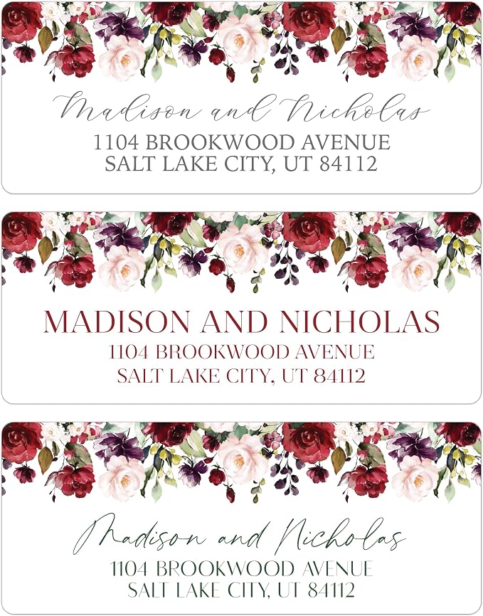 Return Address Labels Personalized with Your Choice of 30 Flower Styles - Choose Font and Font Color or Add Custom Text - Perfect for Wedding Envelopes (017 Burgundy and Pink Flowers)