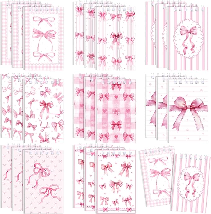 Thenshop 24 Pcs Mini Pink Bow Spiral Notebook 3.9x2.4 Inch Cute Coquette Pink Aesthetic Watercolor Journal Lined Memo Pad Preppy Mini Top Spiral Notebook Office Supplies for Party Gifts Home