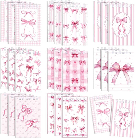 Thenshop 24 Pcs Mini Pink Bow Spiral Notebook 3.9x2.4 Inch Cute Coquette Pink Aesthetic Watercolor Journal Lined Memo Pad Preppy Mini Top Spiral Notebook Office Supplies for Party Gifts Home