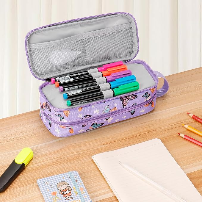 Choco Mocha Girls Pencil Case for Kids, Soft Large Zipper Pencil Pouch for Kids with 2 Compartments Girls Pencil Case for School Butterfly Pencil Bag, Purple
