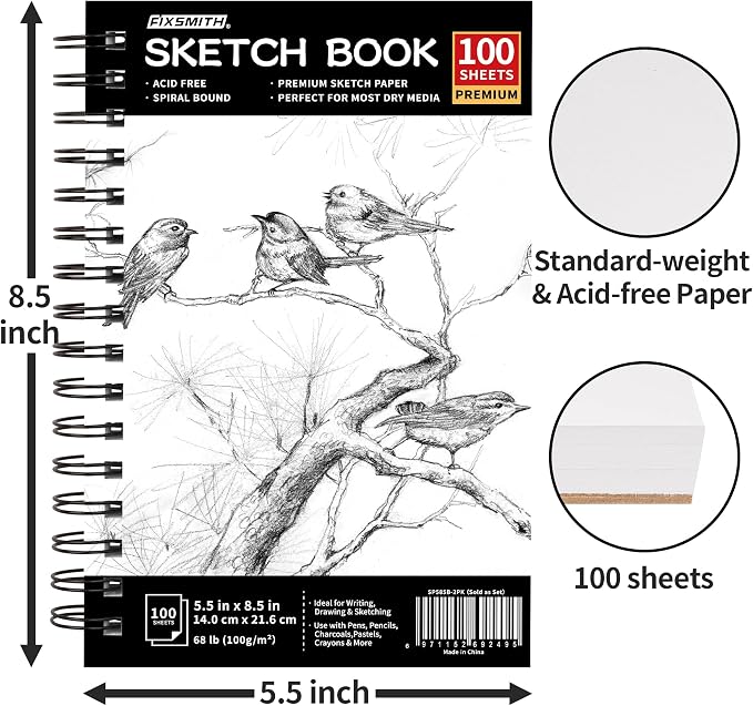 FIXSMITH 5.5"X8.5" Sketch Book | 200 Sheets (68 lb/100gsm) Sketchbook | 2 Pack | Acid Free Drawing Paper | Spiral Bound Artist Sketch Pad | for Kids,Beginners,Artists & Professionals