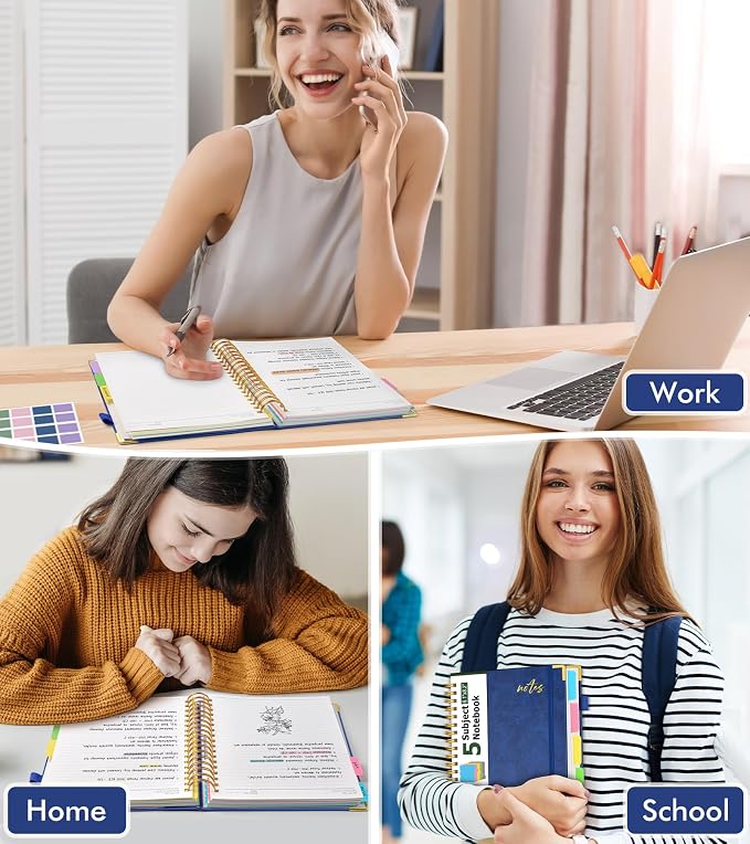 PAPEJOON 5 Subject Spiral Notebook Journal with Removable Dividers Tabs, 300 Pages Organizer Notebooks for Work School, A5 Hardcover Leather Notebook College Ruled, Lined Journal for Women Men，Navy