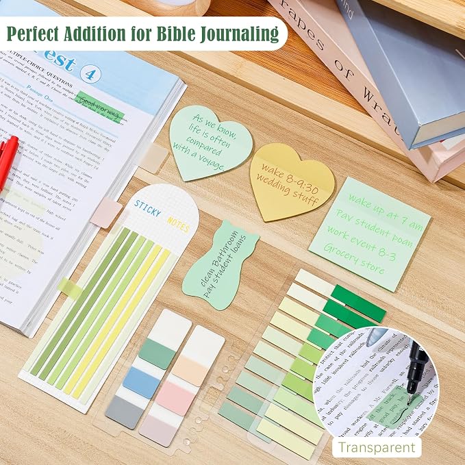BAYTORY 850 Sheets Transparent Sticky Notes with Permanent Markers (Green) | Clear 3 x 3 inch Sticky Note to Post Book Annotation Kit, See Through Self-Adhesive Index Tabs for Bible Journaling