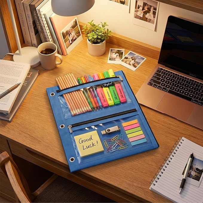 SKYDUE Binder Pencil Pouch for 3 Ring Binder, 3 Compartment Zipper Case, Large Capacity Pen Organizer with Clear PVC Window for School Supplies, Students, Kids & Teachers