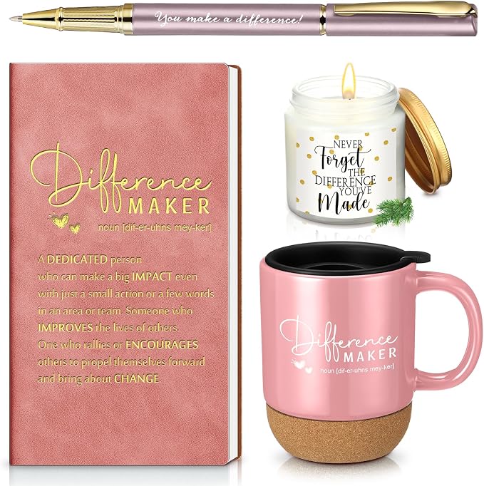 Vesici 4 Pcs Difference Maker Gift Set Mug Notebook Candle Pen,Pink,Word