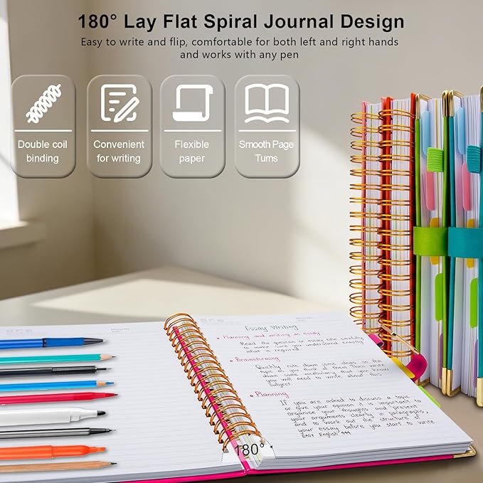Hardcover Spiral Notebook College Ruled, 8.5"x11" Leather Journal Notebook with Magnetic Closure, 300 Pages 5 Subject Notebook with Dividers Tabs Journal for Women Men, Work, School(Rose Red)