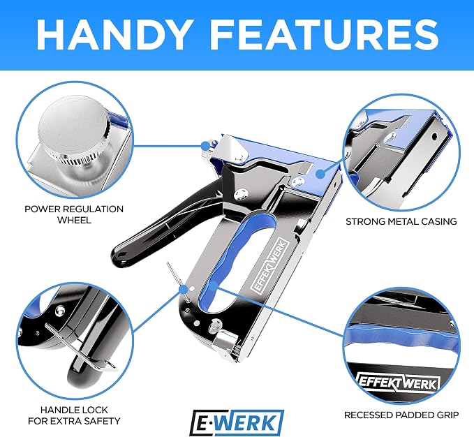 E•Werk - 5-in-1 Staple Gun Set - Heavy-Duty Stapler w/ 1500 Staples & Staple Remover for Wood, Fabric, Carpet & Wire Mesh - Hand Tacker w/Power Adjustment for Construction, Crafts & Upholstery Work