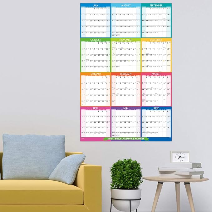 2026-2027 Yearly Wall Calendar - Calendar 2026-2027, July 2026 - June 2027 | Large Wall Calendar 26-27, 34.8" x 22.8"(Open), Full Year Calendar Large, One Page Vertical with Round Stickers - Colorful