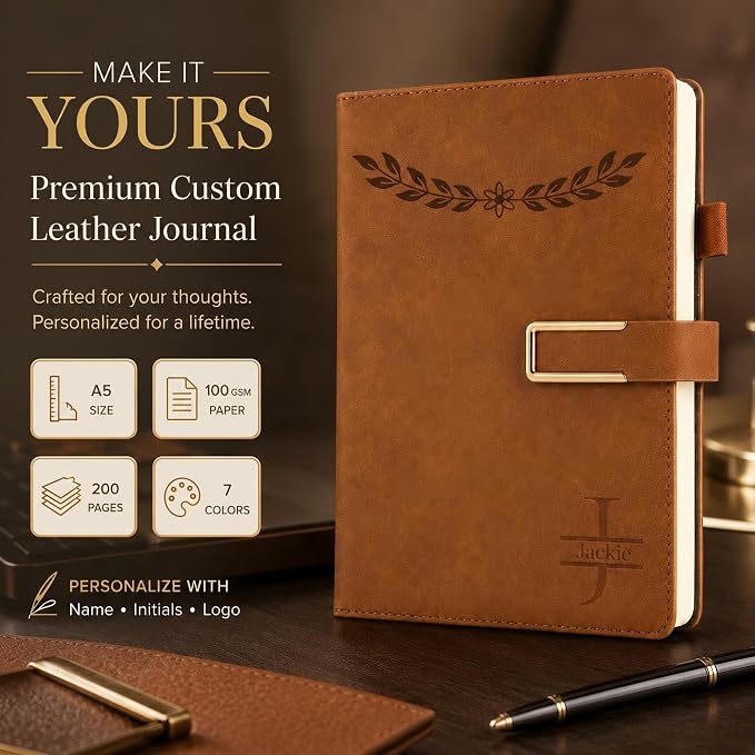 CRME Personalized Icon Notebook, Custom Text Engraved Leather Journal, A5 Writing Journal Gift for Women Men, Students, Office, Business