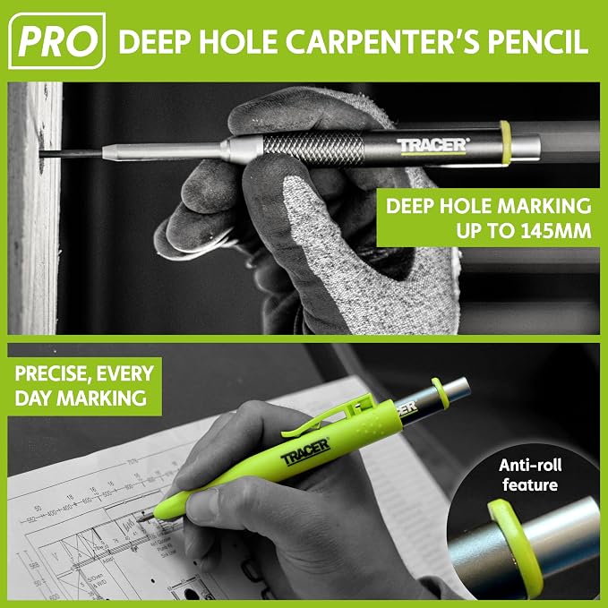 Tracer Pro - 5 Piece Construction Marker Kit with Storage Case - All 3 PRO Aluminum Carpenter's Pencils, Deep Hole Marker, Precision Mechanical Pencil, and 5.2mm Heavy Duty Construction Pencil