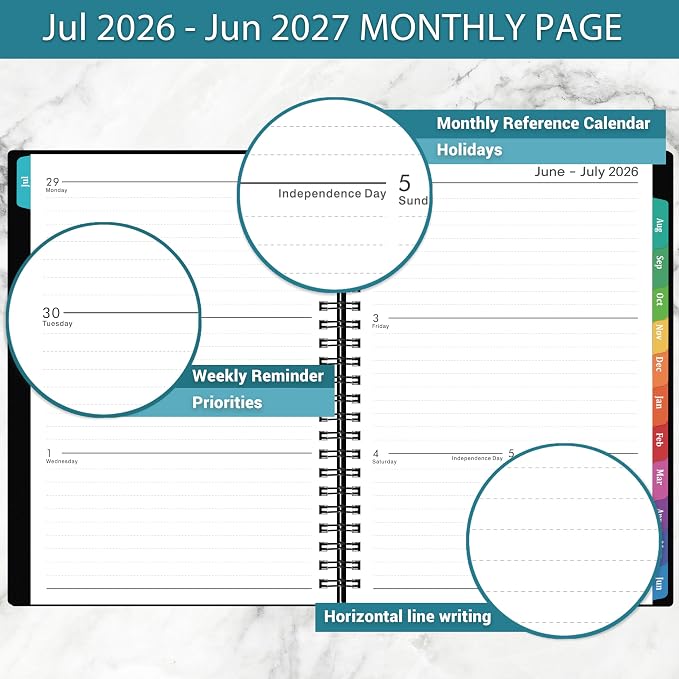 Academic Planner 2026-2027, July 2026 - June 2027, 6.3" x 8.4" | 26-27 Planner Weekly and Monthly, Colorful Tabs, PP Cover, A5 Thick Paper, Twin-Wire Binding - Black