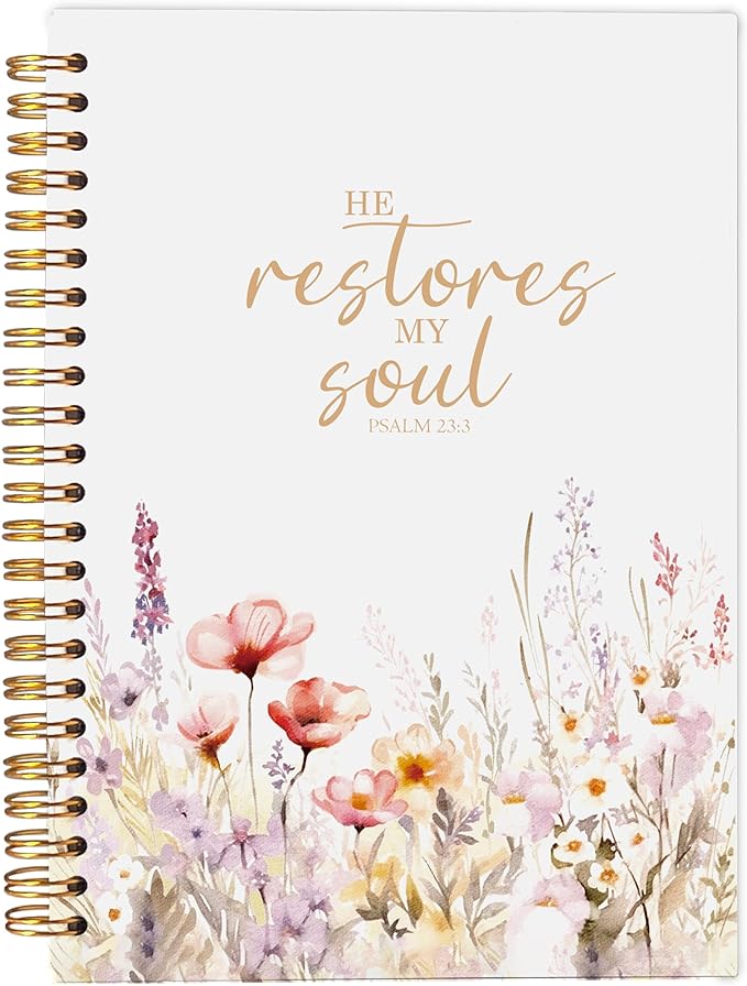 Christian Floral Spiral Notebook Journal 5.5x8.3 Inch | Prayer Journal for Women,Bible Journaling Notebook,PSALM 23:3 He Restores My Soul Religious Lined Hardcover Spiral Notebook