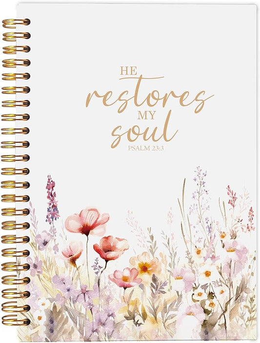 Christian Floral Spiral Notebook Journal 5.5x8.3 Inch | Prayer Journal for Women,Bible Journaling Notebook,PSALM 23:3 He Restores My Soul Religious Lined Hardcover Spiral Notebook