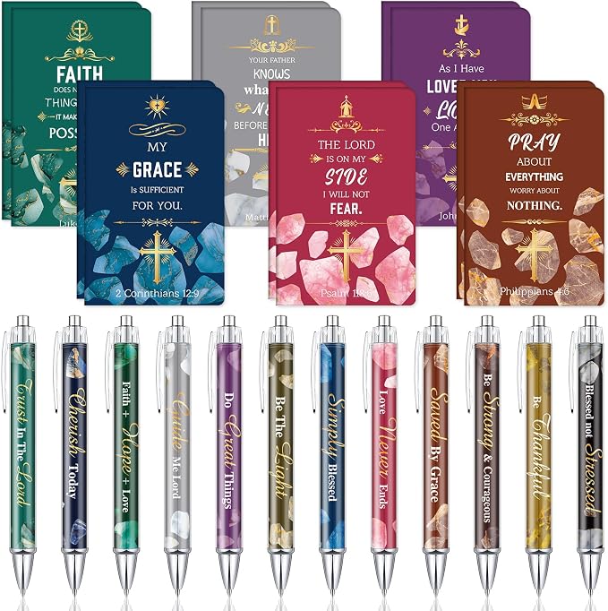 Colarr 12 Sets Christian Bulk Gifts for Women Bible Verse Pens Notebooks Religious VBS Scripture Ballpoint Pens Bookmarks Journal for Easter Sunday School Church Inspirational Supply(Stone)