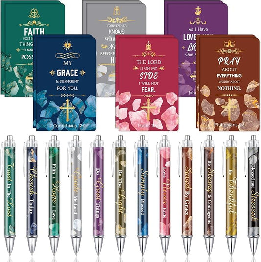 Colarr 12 Sets Christian Bulk Gifts for Women Bible Verse Pens Notebooks Religious VBS Scripture Ballpoint Pens Bookmarks Journal for Easter Sunday School Church Inspirational Supply(Stone)
