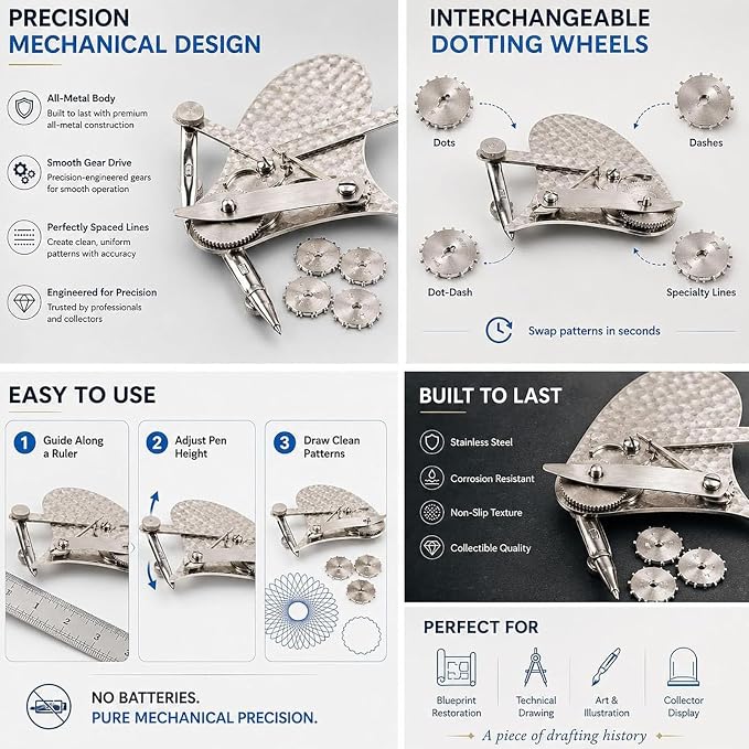Mechanical Gear Train Ruling Pen, Vintage Precision Dotting Pen Set, The Blueprint Drafting Tool, Professional Technical Dotting PenKit for Drawing, Gift for Architects Designers (#B)