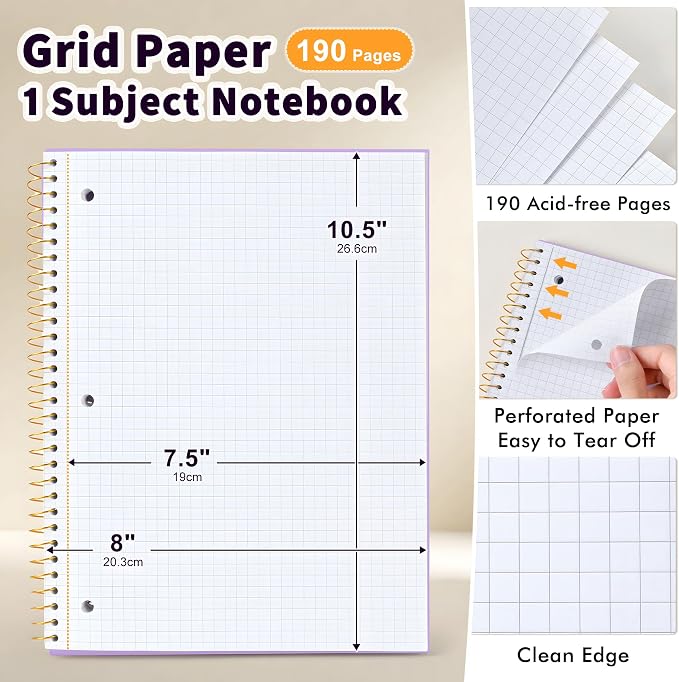 Spiral Notebook Graph Ruled Paper 8" x 10 1/2", 1 Subject Spiral Grid Notebook 3-Hole Punched Perforated Page Ideal for School, Office, Writing, 95 Sheets Lined Journaling Graphing Notebook, Purple