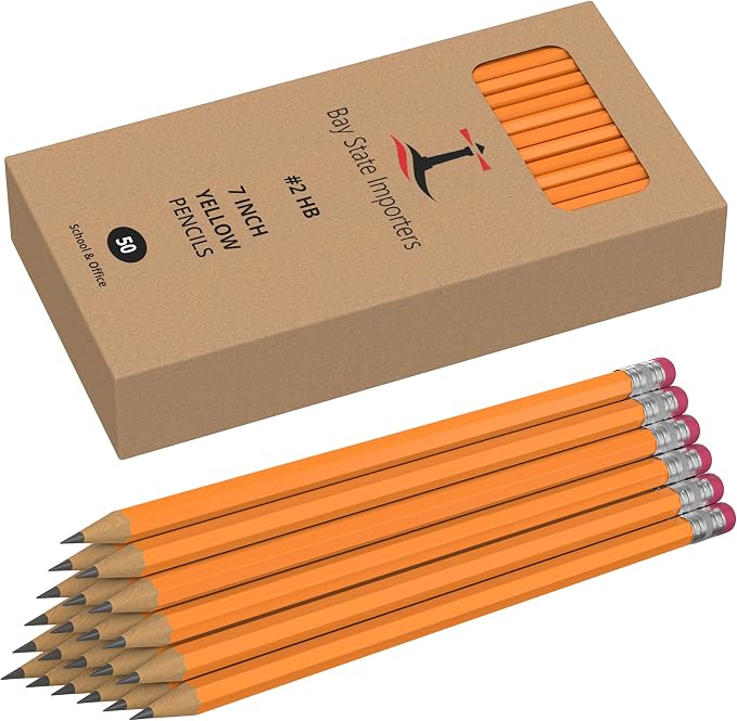 Bay State Importers #2 HB Pencils Bulk 50 Pack | Pre-Sharpened Yellow Wood Pencils with Erasers, Smooth Writing for School, Classroom, Teachers, Office, Exams & Drawing