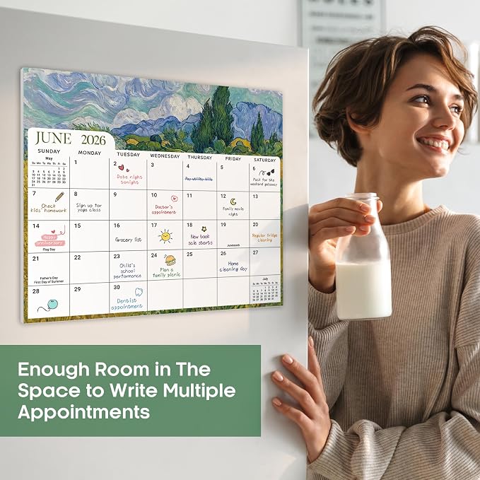 Aesthetic 2026-2027 Magnetic Calendar for Refrigerator, 21-Month Fridge Calendar Magnet from April 2026 to December 2027, Easy Organizing, Van Gogh